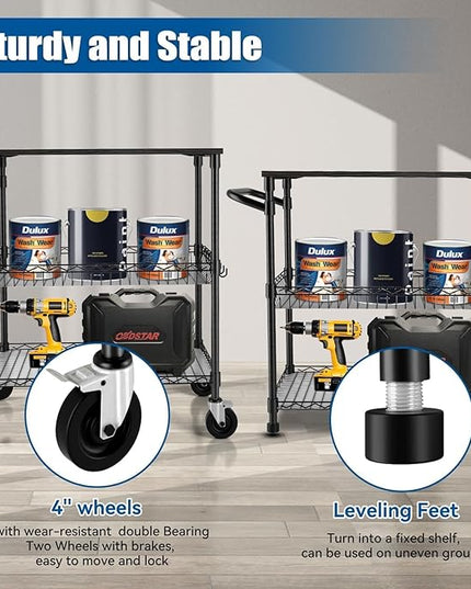 3 Tier Heavy Duty Rolling Utility Cart with Wood Top, NSF Certified Commercial Grade Rolling Carts with Wheels, Handle Bar, Shelf Liner, Trolley Serving Cart for Kitchen, Black - LeafyLoom