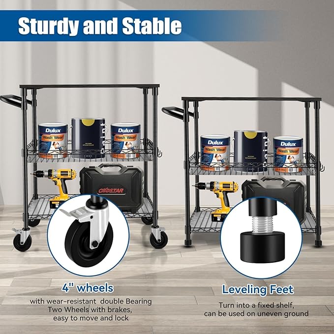 3 Tier Heavy Duty Rolling Utility Cart with Wood Top, NSF Certified Commercial Grade Rolling Carts with Wheels, Handle Bar, Shelf Liner, Trolley Serving Cart for Kitchen, Black - LeafyLoom