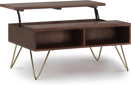 SIMPLIHOME Hunter SOLID MANGO WOOD and Metal 36 inch Wide Rectangle Industrial Contemporary Small Lift Top Coffee Table in Umber Brown And Gold, for the Living Room and Family Room - LeafyLoom