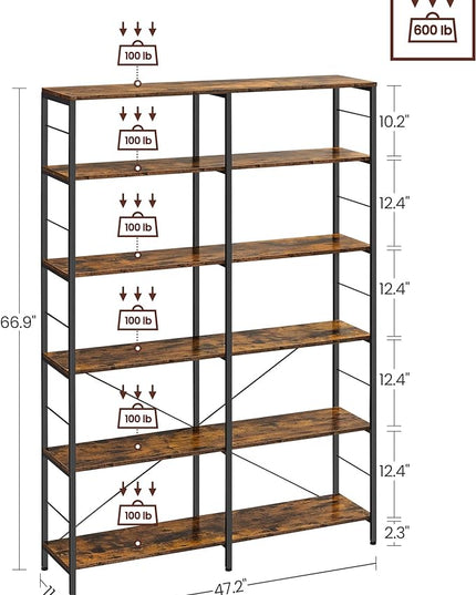 VASAGLE 6-Tier Tall Bookshelf, Bookcase, Large Metal Shelf, 11.8 x 47.2 x 67.9 Inches, for Living Room, Kitchen, Pantry, Study, Home Office, Rustic Brown and Black ULLS114B01 - LeafyLoom