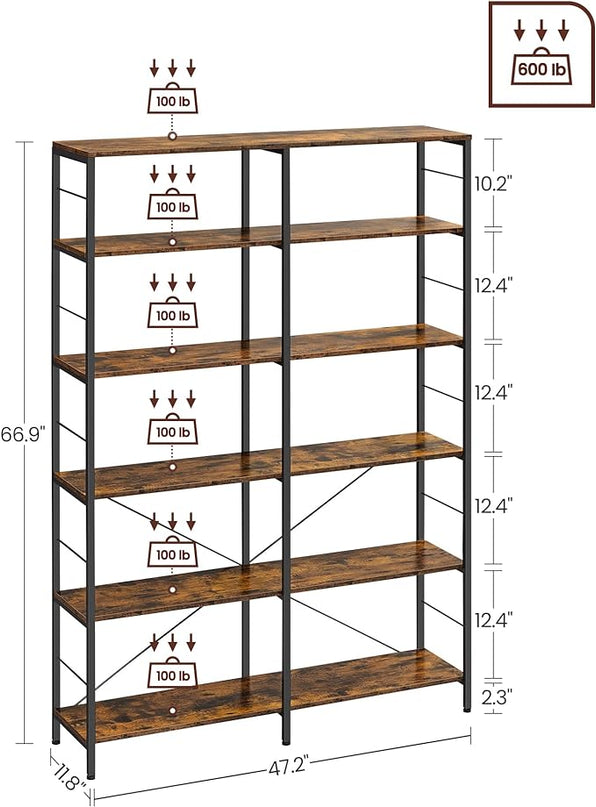 VASAGLE 6-Tier Tall Bookshelf, Bookcase, Large Metal Shelf, 11.8 x 47.2 x 67.9 Inches, for Living Room, Kitchen, Pantry, Study, Home Office, Rustic Brown and Black ULLS114B01 - LeafyLoom