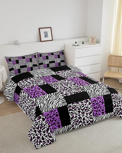 Erosebridal Purple Leopard Bedding Set Patchwork Cheetah Print Comforter Sets King Size for Girls Teens Adults Women Bedroom Black Zebra Pattern Duvet Sets Animal Skin Down Comforter 2 Piece - LeafyLoom