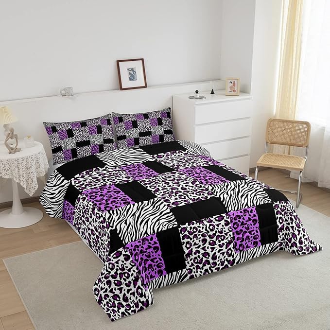 Erosebridal Purple Leopard Bedding Set Patchwork Cheetah Print Comforter Sets King Size for Girls Teens Adults Women Bedroom Black Zebra Pattern Duvet Sets Animal Skin Down Comforter 2 Piece - LeafyLoom