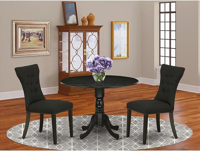 East West Furniture Dublin 3 Piece Dinette Set for Small Spaces Contains a Round Dining Table with Dropleaf and 2 Black Linen Fabric Upholstered Chairs, 42x42 Inch, DLGA3-ABK-24 - LeafyLoom