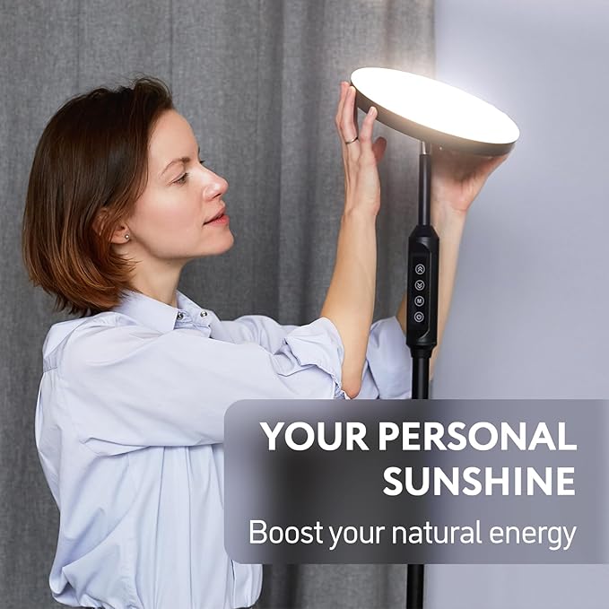 LED Daylight Floor Lamp - Free Standing Lamps for Living Room or Bedroom - 24W Black Modern Uplight Torchiere Stand Light- 3 Dimmable Modes - Natural Day, Warm, Super Bright - Corner Tall Torch Lights - LeafyLoom