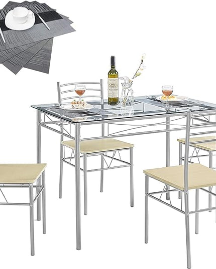 VECELO Dining Table with 4 Chairs [4 Placemats Included-] Silver X-Large - LeafyLoom