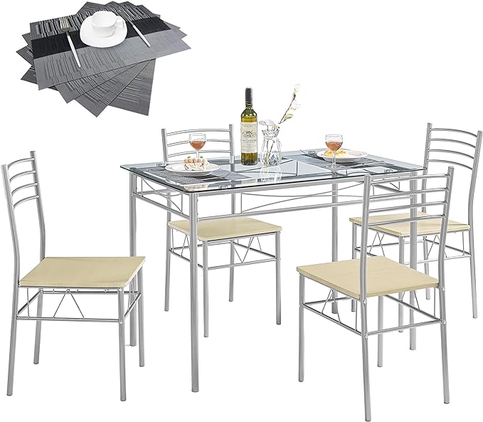 VECELO Dining Table with 4 Chairs [4 Placemats Included-] Silver X-Large - LeafyLoom