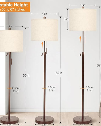 Metal Brown Floor Lamp for Living Room, Adjustable Height Standing Lamp, Pole Light for Bedroom, with Linen Shade and Metal Base, Pull Chain Switch, 3-Way 8W LED Bulb Included - LeafyLoom