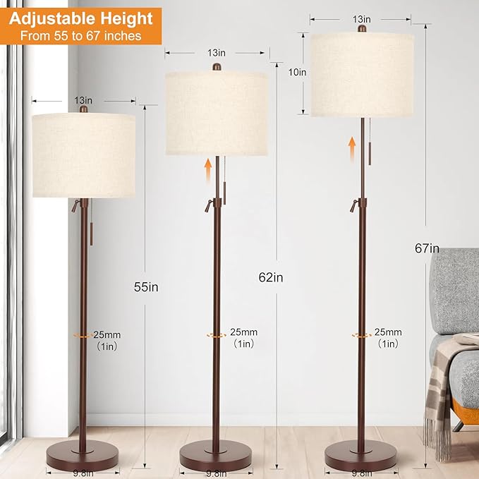 Metal Brown Floor Lamp for Living Room, Adjustable Height Standing Lamp, Pole Light for Bedroom, with Linen Shade and Metal Base, Pull Chain Switch, 3-Way 8W LED Bulb Included - LeafyLoom