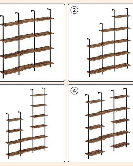 HOOBRO DIY Ladder Shelf, 6-Tier Wooden Wall Mounted Bookshelf, Narrow Bookcase, Display Shelf, Storage Rack, Plant Stand, for Living Room, Bedroom, Study, Balcony, Rustic Brown and Black BF651CJ01 - LeafyLoom
