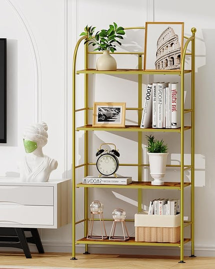 FRAPOW Folding Bookshelf No Assembly, 4 Tier Shelf Gold Collapsible Bookcase, Arched Metal Display Tall Book Shelf with Storage Shelves for Bedroom, Living Room, Home Office - LeafyLoom