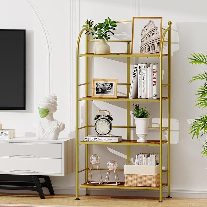 FRAPOW Folding Bookshelf No Assembly, 4 Tier Shelf Gold Collapsible Bookcase, Arched Metal Display Tall Book Shelf with Storage Shelves for Bedroom, Living Room, Home Office - LeafyLoom