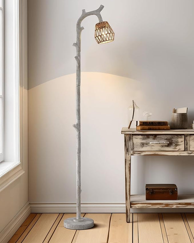 OYEARS Retro Farmhouse Rattan Floor Lamp for Living Room Rustic Standing Lamps Tree Trunk Deco Modern Country Vintage Wood Grain 64.25" Tall Corner Floor Lamp Bedroom Office - LeafyLoom