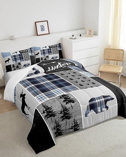 Rustic Adventure Kids Comforter Set Queen Size,Deer Bear Pine Trees Xmas Bedding Set for Boys Girls Adults Room Decor,Plaids Arrows Wooden Patchwork Down Comforter,Blue Duvet Insert,2 Pillowcases - LeafyLoom