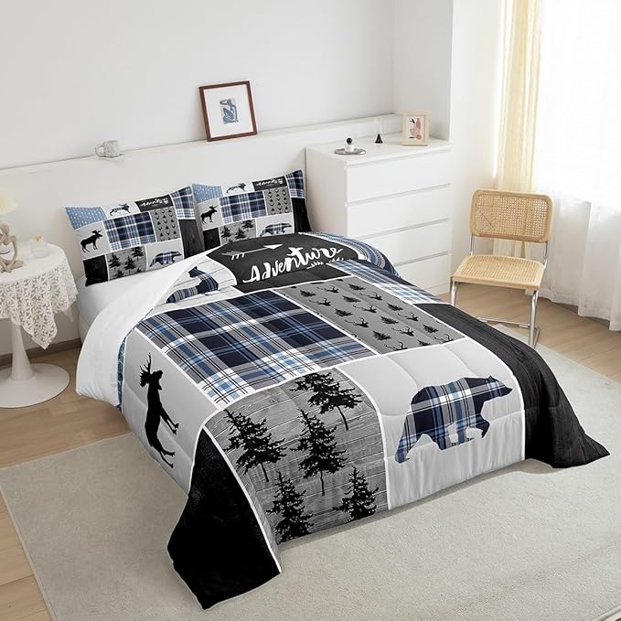 Rustic Adventure Kids Comforter Set Queen Size,Deer Bear Pine Trees Xmas Bedding Set for Boys Girls Adults Room Decor,Plaids Arrows Wooden Patchwork Down Comforter,Blue Duvet Insert,2 Pillowcases - LeafyLoom