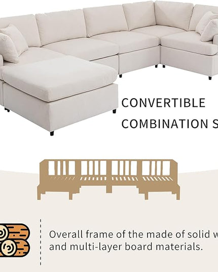 Modern 3 Seater Sofa with Removable Back and Seat Cushions, Linen Upholstered Sectional Couch w/ 4 Pillows & Sturdy Wood Legs for Living Room, Apartment, Office, 91 Inch, 152.8inch, Beige-5 - LeafyLoom