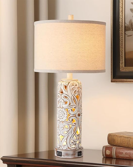 RORIANO Set of 2 Rustic Farmhouse Table Lamps for Living Room Bedroom, Vintage Bedside Lamp with Dual USB Port, Antique White Resin Retro Nightstand Lamps with Night Light, 2 Bulbs Include - LeafyLoom