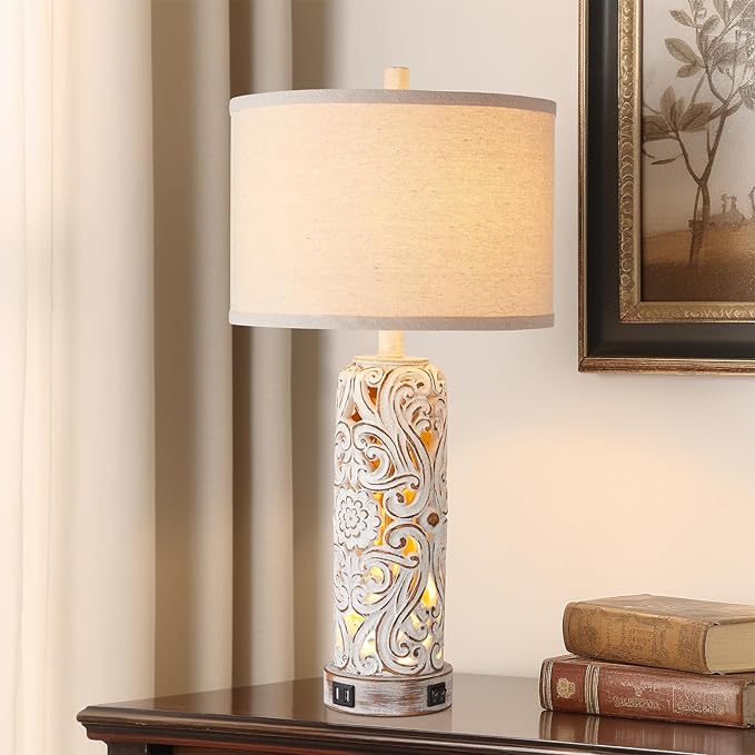 RORIANO Set of 2 Rustic Farmhouse Table Lamps for Living Room Bedroom, Vintage Bedside Lamp with Dual USB Port, Antique White Resin Retro Nightstand Lamps with Night Light, 2 Bulbs Include - LeafyLoom