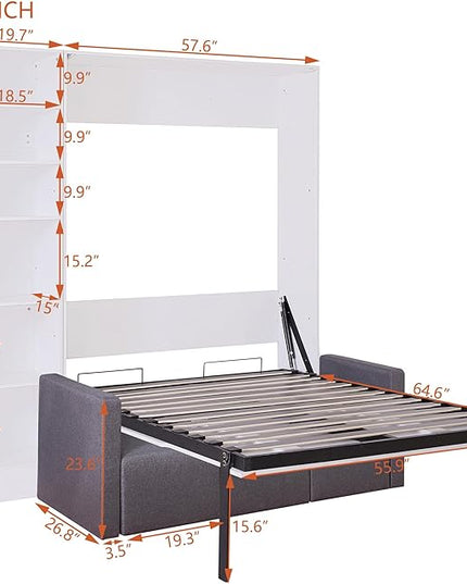 Merax, White Full Size Murphy Bed Wallbed with Sofa,Side Storage Shelves,Space Saving,for Guest Living Room - LeafyLoom