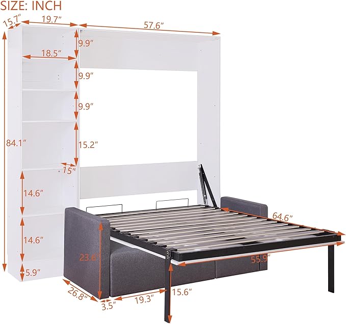 Merax, White Full Size Murphy Bed Wallbed with Sofa,Side Storage Shelves,Space Saving,for Guest Living Room - LeafyLoom