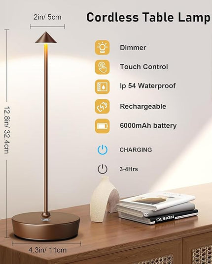 Set of 2 Rechargeable Cordless Table Lamp,6000mAh LED Battery Operated Desk Lamp Touch 3 Color Dimming Portable Outdoor Waterproof Table Light for Patio/Restaurant/Dining/Home (Coffee) - LeafyLoom