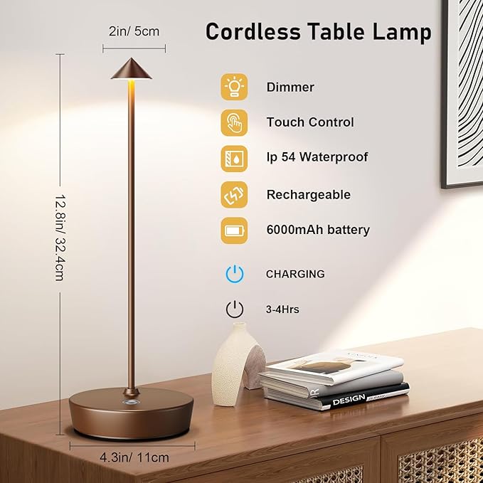 Set of 2 Rechargeable Cordless Table Lamp,6000mAh LED Battery Operated Desk Lamp Touch 3 Color Dimming Portable Outdoor Waterproof Table Light for Patio/Restaurant/Dining/Home (Coffee) - LeafyLoom