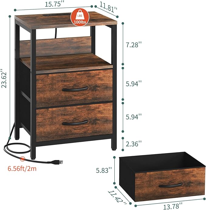 Yoobure Nightstand with Charging Station, LED Night Stand with Fabric Drawers and Storage Shelf for Bedroom, Nightstands Bedside Tables with USB Ports & Outlets, Small Night Stands, Bed Side Table - LeafyLoom