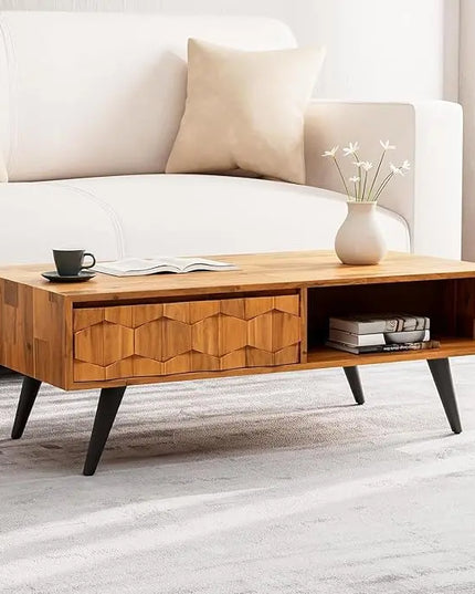 Bme Georgina Solid Wood Coffee Tables for Living Room, Coffee Table Mid Century Modern with 2 Symmetrical Storage Drawers & Geometric Details, Fully Assembled Center Table, Teak Brown - LeafyLoom
