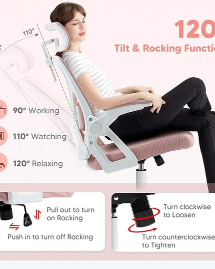 SEATZONE Office Chair, Ergonomic Desk Chair with Adjustable Headrest,Lumbar Support, High Back Mesh Computer Chair with Wheels and Flip-up Armrests,Executive Chairs(Peach Pink) - LeafyLoom