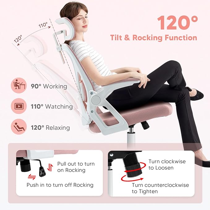 SEATZONE Office Chair, Ergonomic Desk Chair with Adjustable Headrest,Lumbar Support, High Back Mesh Computer Chair with Wheels and Flip-up Armrests,Executive Chairs(Peach Pink) - LeafyLoom