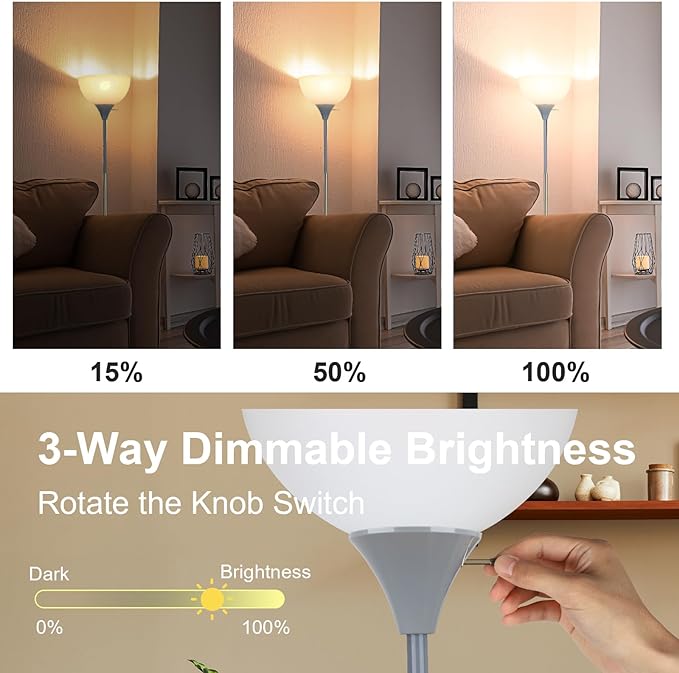 Floor Lamp, LED Standing Lamp 3 Way Dimmable Brightness Floor Lamp Rotary Switch Floor Lamps Modern Industrial Lamp with Shade, Tall Lamps for Living Room Bedroom Office Dining Room (Grey) - LeafyLoom