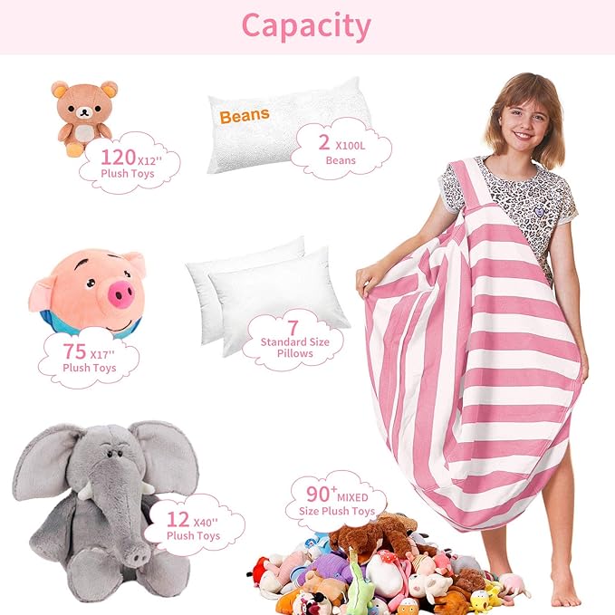 Aubliss Stuffed Animal Bean Bag Storage Chair, Beanbag Covers Only for Organizing Plush Toys, Turns into Bean Bag Seat for Kids When Filled, Large 38"-Canvas Stripes Pink/White - LeafyLoom
