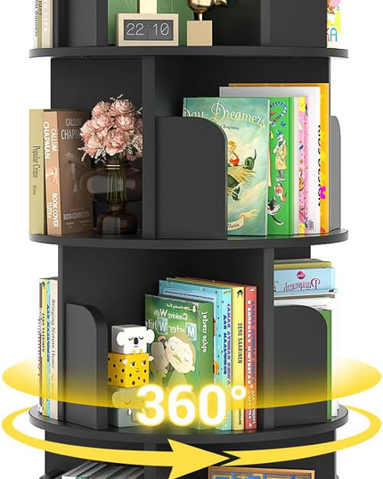 Rotating Bookshelf, Wood Corner Bookshelf, 360 Display Spinning Bookcase Storage Rack, 4 Tier Floor Standing Revolving Bookcase Narrow Book Shelf Organizer for Small Space, Bedroom, Black - LeafyLoom