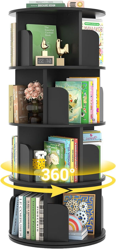 Rotating Bookshelf, Wood Corner Bookshelf, 360 Display Spinning Bookcase Storage Rack, 4 Tier Floor Standing Revolving Bookcase Narrow Book Shelf Organizer for Small Space, Bedroom, Black - LeafyLoom