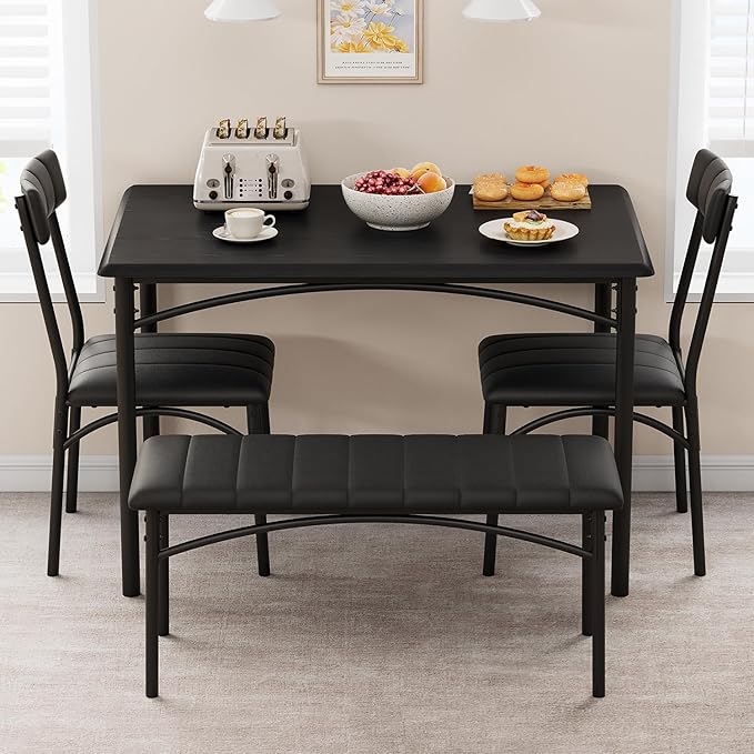 GAOMON Dining Table Set for 4, Kitchen Table with Upholstered Chairs and Bench, 4-Person Dining Room Table Set, Rectangular Kitchen Table Set for Small Space, Apartment, Home, Studio, Rustic Black - LeafyLoom