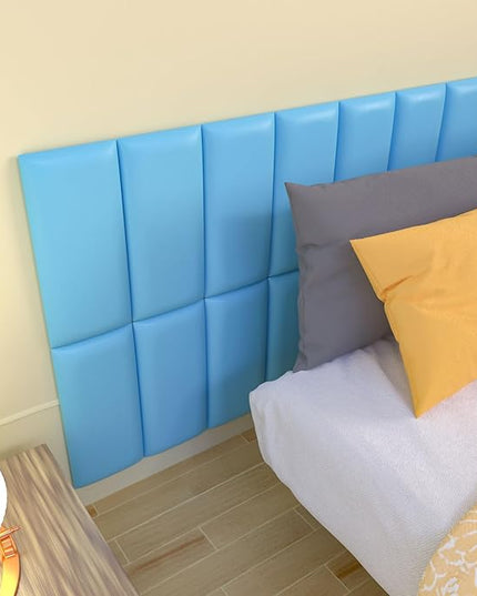 Peel and Stick Headboard Blue Upholstered Wall Panels, 4 Panels Sized 7.8" x 15.7", 3D Anti-Collision Soundproof Self-Adhesive Wall Panel for Bedroom，Living Room - LeafyLoom