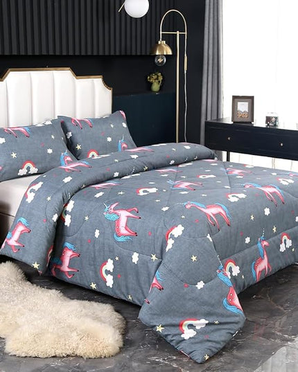 3PCS Gray Unicorn Comforter Set Queen Size, Queen Bed in a Bag Set Cute Bedding, Hotel Luxury, Lightweight Comforter Queen for Boys Girls Toddler Kids and Teens, Queen - LeafyLoom