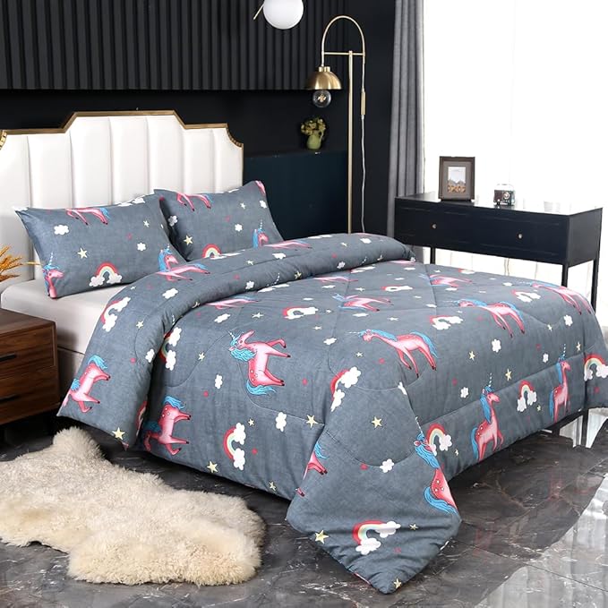 3PCS Gray Unicorn Comforter Set Twin, Bed in a Bag Unicorn Cute Room Decor, Wrinkle and Fade Resistant, Lightweight Twin Size Comforter Set for Boys, Girls Kids and Teens, Twin - LeafyLoom