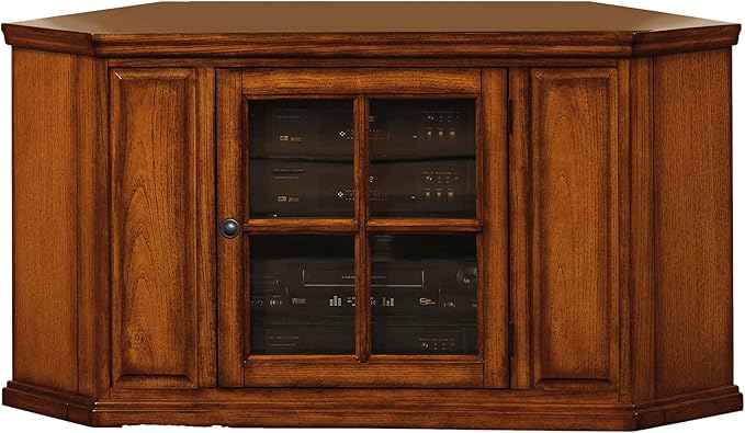 Leick Home 88285 One Door Corner Stand with Adjustable Shelf For 50" TV's, Burnished Medium Oak, 20 x 46.75 x 24.25 - LeafyLoom