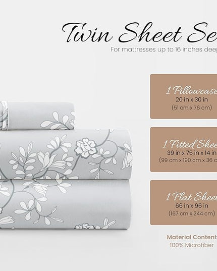 Linen Market 3 Piece Twin Bedding Sheet Set (Light Gray Vine) - Sleep Better Than Ever with These Ultra-Soft & Cooling Bed Sheets for Your Twin Size Bed - Deep Pocket Fits 16" Mattress - LeafyLoom
