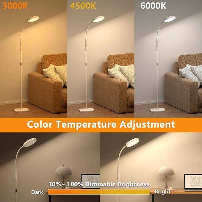 LED Floor Lamp, Height Adjustable Floor Lamps for Living Room, Super Bright Standing Lamp with Timer, Adjustable Colors & Brightness Floor lamp for Bedroom with Remote & Touch Control, White - LeafyLoom