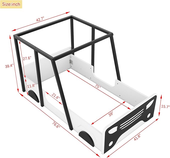 Toddler Twin Size Car Bed with Roof & Door,Wooden Car-Shaped Floor Bedframe W/Safety Guardrail,Racecar Design,Easy Assembly,Montessori Inspired Bedroom Furniture for Boys Kids Teens,Black - LeafyLoom