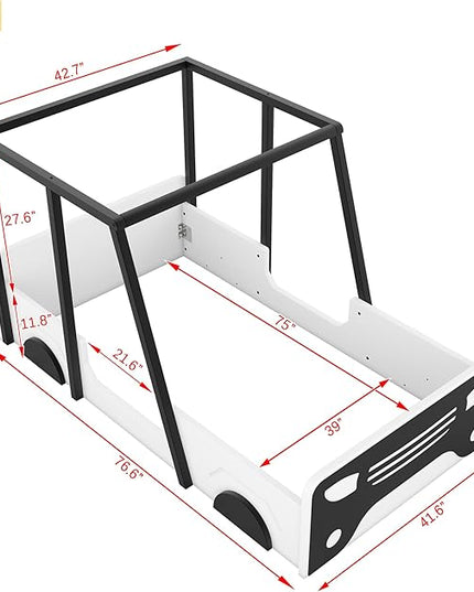 Twin Size Bed Car-Shaped,Twin Montessori Floor Bed Frame Car Bed with Wheels and Door,Solid Wood Twin Car-Shaped Platform Bed for Children, Boys, Girls, Toddler, Without Slats,Black - LeafyLoom