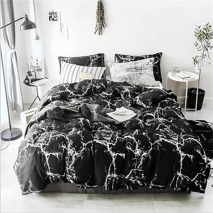 Black Marble Comforter Set Full/Queen White Texture Bedding Reversible Teen Boy Men Full Size Soft Lightweight Quilt Set, 3 PCs( 1 Comforter, 2 Pillowcases) - LeafyLoom