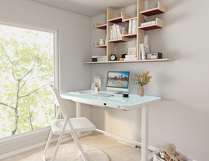 45.27 * 23.6 Height Adjustable Electric Standing Desk with Storage Sit Stand Desk Stand Up Desk Computer Desk Home Office Desk Tempered Glass Desktop (Tempered Glass/White Frame) - LeafyLoom