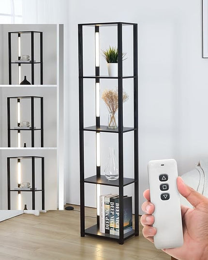 LED Floor Lamp with Shelves, Standing Lamp with Remote for Bedroom and Living Room, Corner Display Floor Lamps with Shelves, Modern Dimmable Floor Lamp with 5-Tier Open Shelve-Black - LeafyLoom
