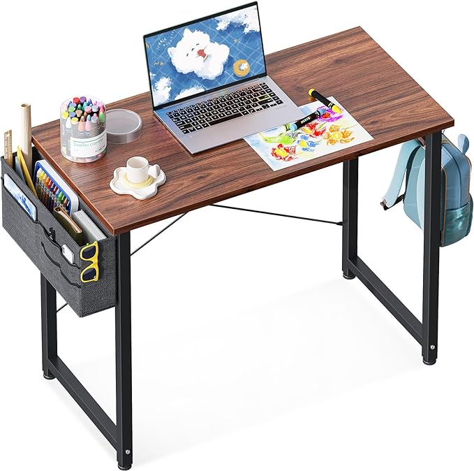 ODK Laptop Desk Study Desk, 32 Inch Small Desk, Writing Desk with Storage, Work Table with Headphone Hook for Small Space Home Office, Deep Brown - LeafyLoom