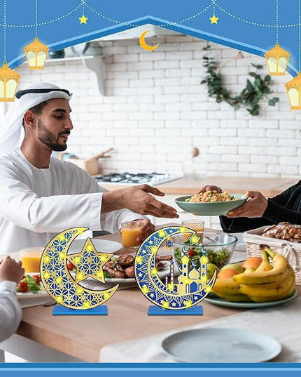 2 Pcs Ramadan Eid Mubarak Crafts Night Light 3D Wooden Moon Star Lights Ramadan Decorations LED Eid Mubarak Lamp Decor Ramadan Table Sign for Tabletop Home Party Supplies(Blue and Gold) - LeafyLoom