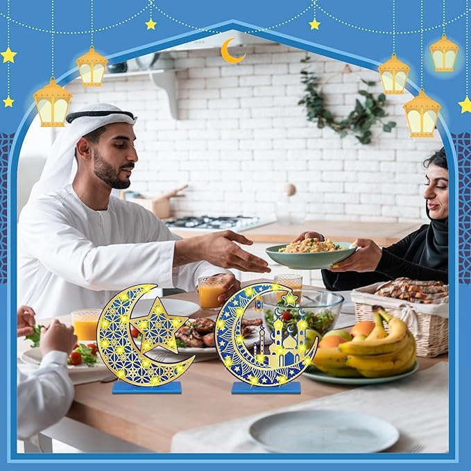 2 Pcs Ramadan Eid Mubarak Crafts Night Light 3D Wooden Moon Star Lights Ramadan Decorations LED Eid Mubarak Lamp Decor Ramadan Table Sign for Tabletop Home Party Supplies(Blue and Gold) - LeafyLoom