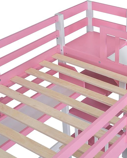 Twin Over Twin Castle Bunk Bed with Slide, Stairs Storage, Drawers and Shelves, Multifunctional Wood Bunkbeds w/Staircase, for Kids/Teens/Boys/Girls Bedroom, Pink - LeafyLoom
